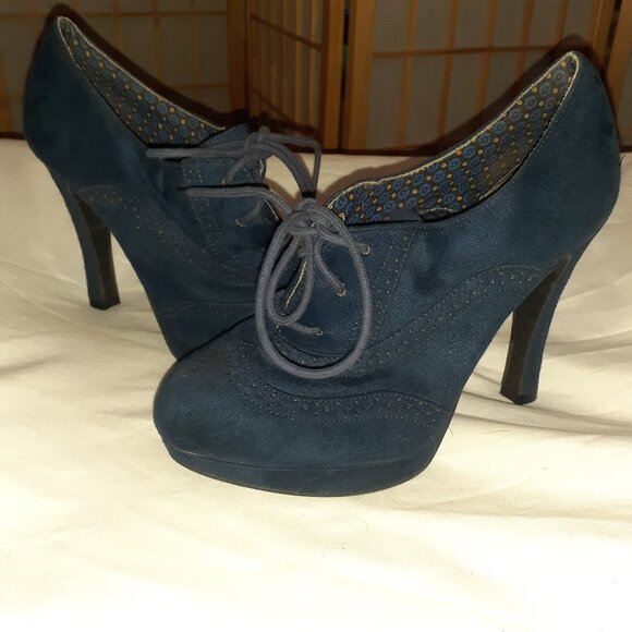 FIONI NAVY BLUE SUEDE OXFORD SHOES 4" HEELS LACE UP PUMPS 145306-WOMENS SIZE 8 - Picture 1 of 5